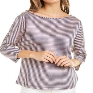 St. John Navy Blue Stripe Linen Blend Shirt Dolman Sleeve Medium